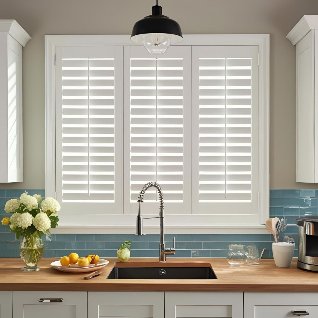 A pristine kitchen with shutters